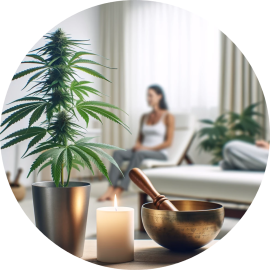 DALL·E 2023-12-29 10.20.36 - A clean, well-lit therapy room featuring a subtle, real cannabis plant in the background. The setting includes a lit candle and a Tibetan singing bowl-modified (1)